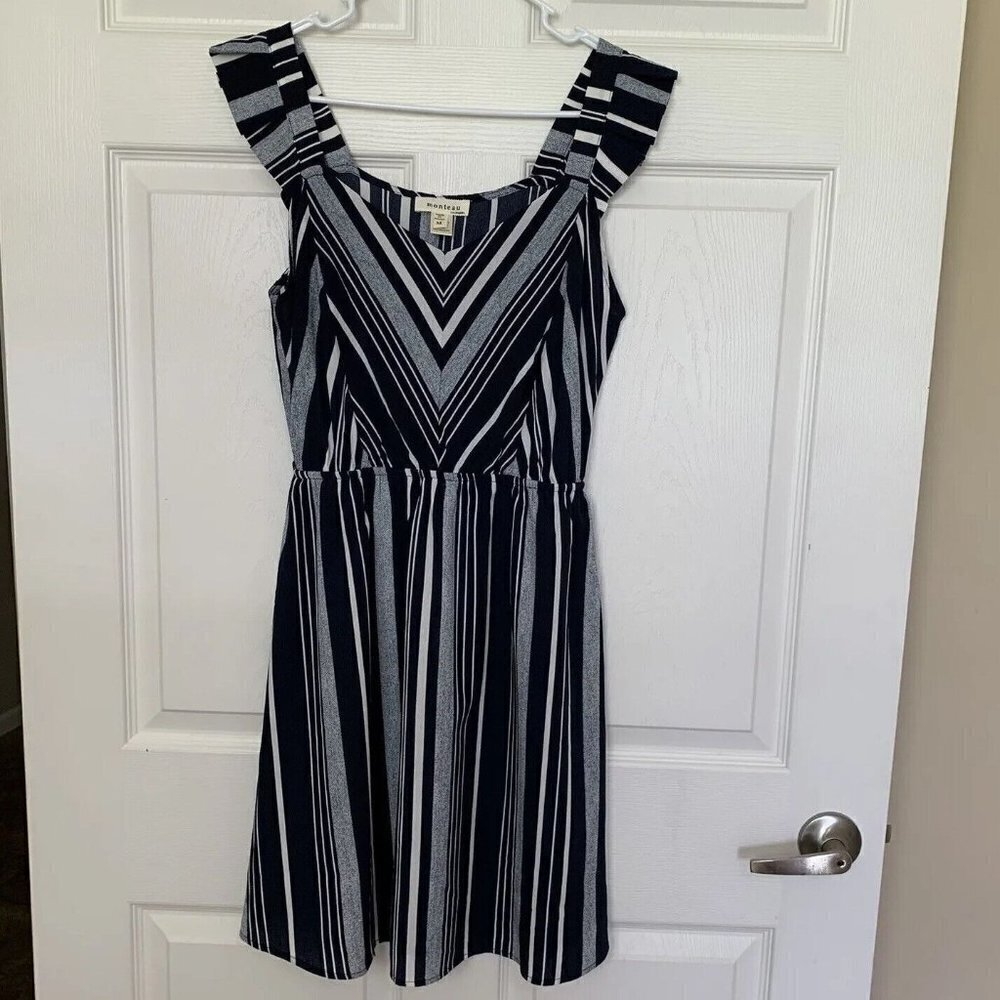Monteau Navy Blue White Women’s Medium Striped Fit And Flare Dress